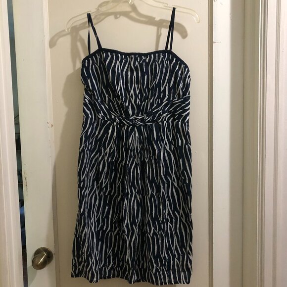 Ann Taylor LOFT dress mini Navy blue & white gathered waist 100% cotton SZ 6 - Picture 1 of 8
